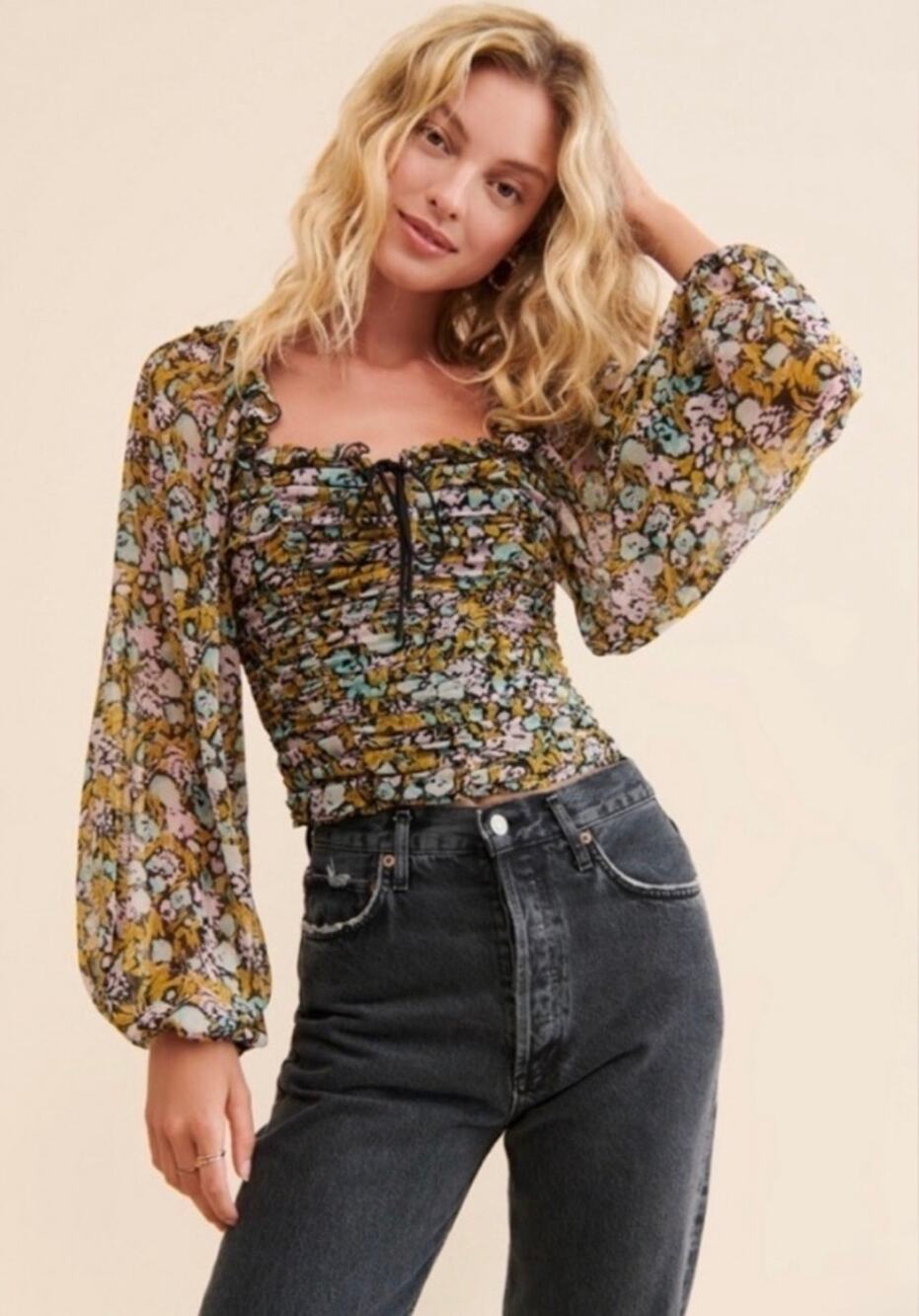 Free People Mabel Ruffled Floral Crop Top Sheer Balloon Sleeves Women's Medium